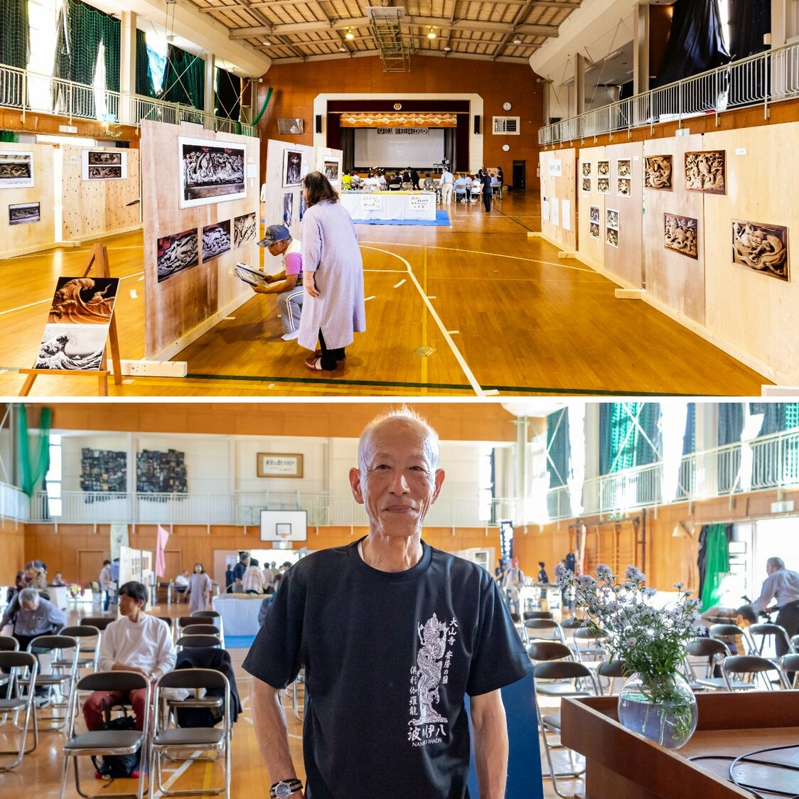 上：会場ではファンクラブ「伊八会」のパネル写真展を実施　下：主催者を代表してあいさつした清水さん