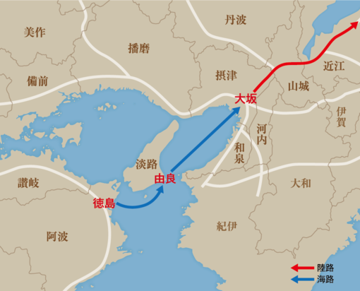 徳島藩が本州に渡る際は、領地の淡路で1泊することが多かった。渡海は1泊2日で済んだので、悪天候等の影響は比較的少なかった。