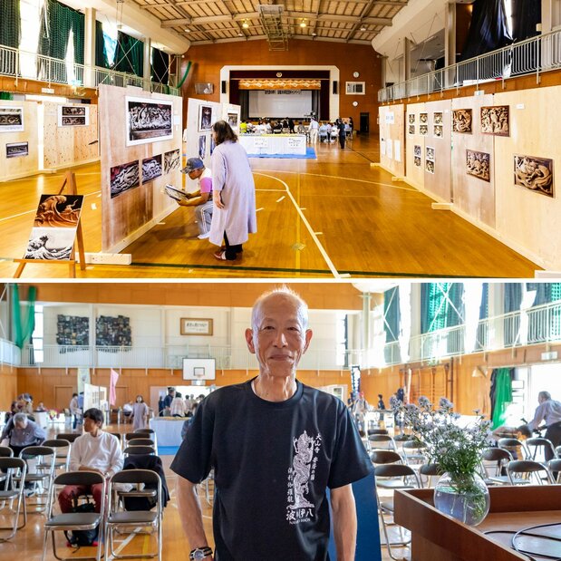 Arriba: En el lugar se celebró una exposición fotográfica de paneles del club de fans Ihachi-kai Abajo: Shimizu se dirigió al público en nombre de los organizadores.