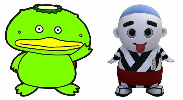 Examples of modern-day yōkai portrayals include “Kapal,” the mascot of the sports promotion committee of Shiki, Saitama, and “Konyūdō-kun,” the city mascot of Yokkaichi, Mie, home to Japan’s largest festival of clockwork automata parade floats. (Courtesy Shiki City Sports Promotion Committee and Yokkaichi City)