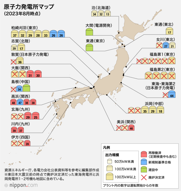 原子力発電所マップ(2023年8月時点)
