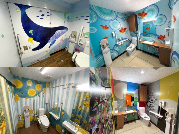 Baños artísticos de Lawson. Arriba a la izquierda, la sucursal de Kōtō Shinonome (distrito de Kōtō, Tokio); a la derecha, la sucursal de Utsunomiya Higashi Sanchōme (ciudad de Utsunomiya). Abajo a la derecha, Wakamatsu Futajima Sanchōme (ciudad de Kitakyūshū, prefectura de Fukuoka); a la izquierda, Daisen Horiminai (en la ciudad de Daisen, prefectura de Akita). (Fotografías de Lawson)