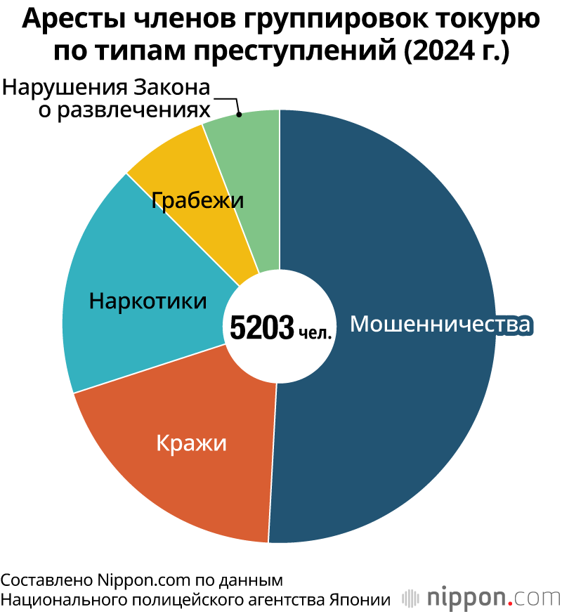 Аресты членов группировок токурю по типам преступлений (2024 г.)
