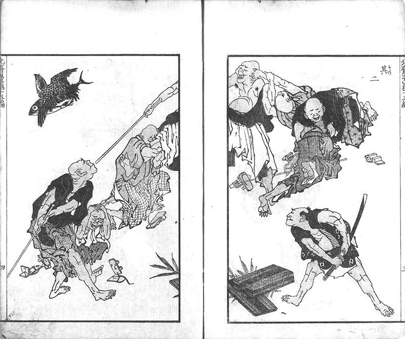 Dos láminas del Hokusai-manga (circa 1812), en 15 volúmenes (impresión Tōhekidō, 1878, Librería Nacional de la Dieta)