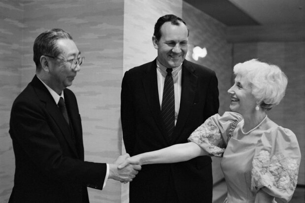 At a postconcert party. From right, Roberta, Michael, and Watanabe Tsunesaburō, then chair of the Japan-America Society of Hakodate.