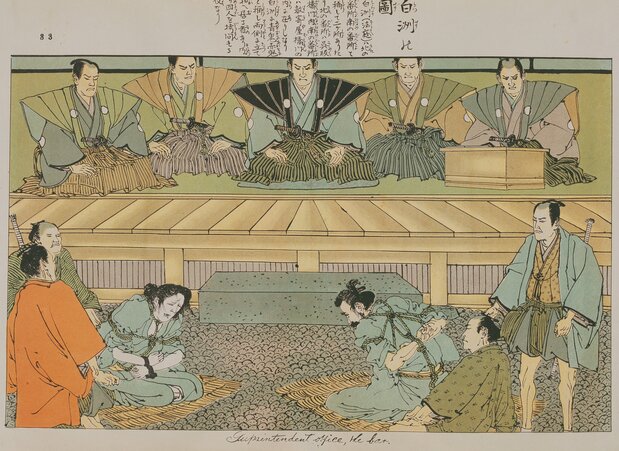 江户时代(1603-1868年),在法庭“白洲”上接受审判的人需要危坐于砂砾上(《德川刑事图谱》,收藏于明治大学博物馆)