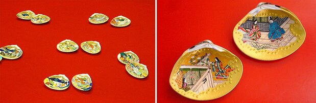 Kaiawase shells (left), illustrated with scenes from The Tale of Genji. The shells on the right show Yūgao. (© Photo Library)