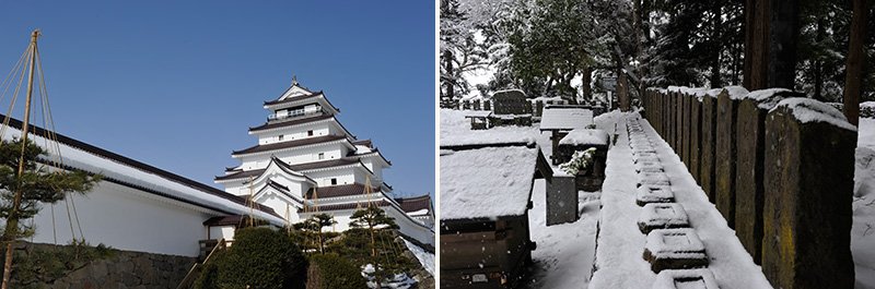 El castillo de Tsuruga, símbolo de Aizu (izquierda) y las tumbas del trágico grupo de jóvenes samurái “Byakkotai”.