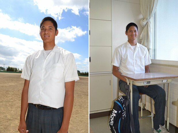 （左）花巻東高校野球部のグラウンドに立つ大谷翔平、（右）同校教室での大谷翔平　筆者提供