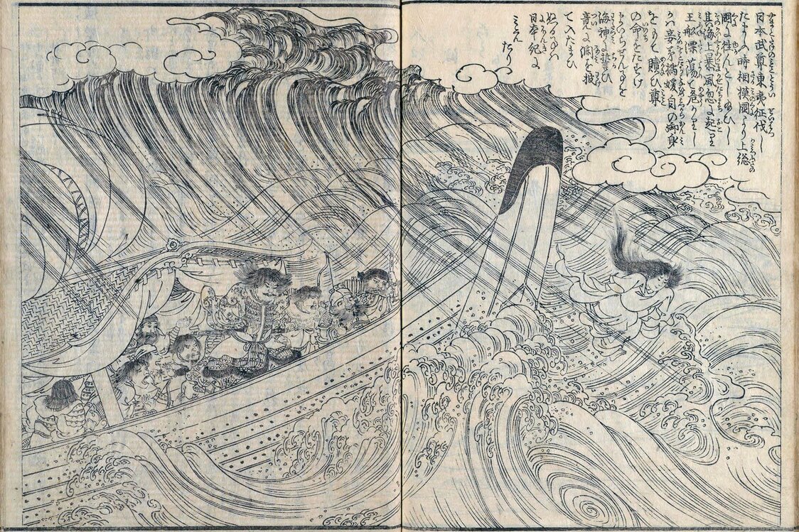 『江戸名所図会』7巻（1836年刊、国会図書館蔵）では、「吾嬬森 吾妻権現 連理樟」の次ページに弟橘媛が自ら海中に飛び込む逸話も記されている