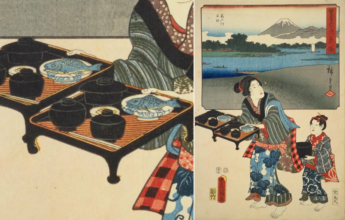 描繪配膳的浮世繪作品。歌川廣重與三代歌川豐國合作的《雙筆五十三次 平塚》，1854年（國立國會圖書館藏）