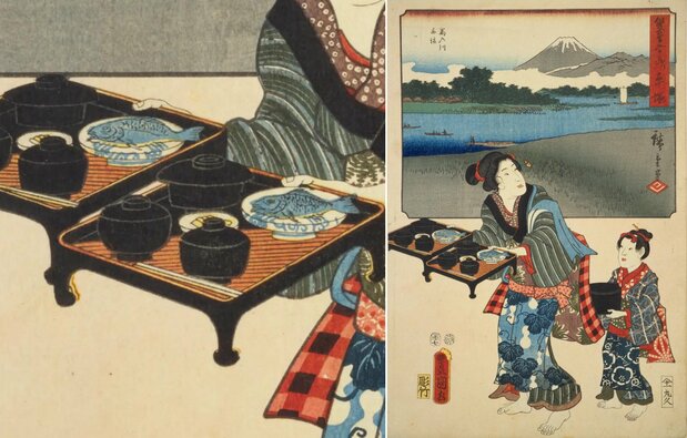 料理の配膳を描いた浮世絵。歌川広重・三代歌川豊国「双筆五十三次　平塚」1854年（国立国会図書館所蔵）