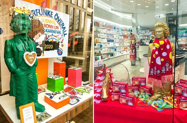 ボン市内の商店のウィンドウに飾られたベートーヴェン生誕250周年を祝うディスプレー装飾(越懸澤麻衣氏提供)