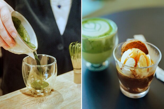 Matcha con leche y helado ahogado en café (affogato) decorado con una galleta casera.