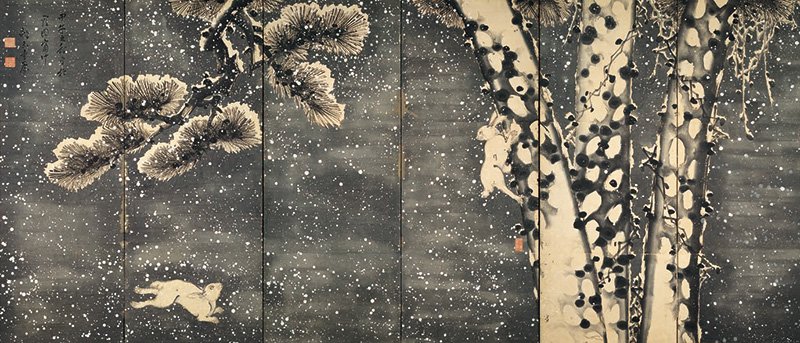 葛蛇玉「雪中松に兎・梅に鴉図屏風」（右隻）