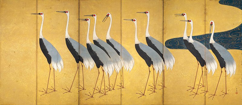 鈴木其一「群鶴図屏風」（右隻）