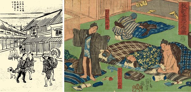 From left: Apprentices return home during yabuiri, as depicted in Kikuchi Kiichirō’s work Edofunai ehon fūzoku ōrai (Picture Book of Edo Customs and Manners); a print showing young apprentices preparing for their day off, from Utagawa Kuniyoshi’s series Kyōkun zenaku kozōzoroe (A Survey of Good and Bad Children). (Both images courtesy National Diet Library)