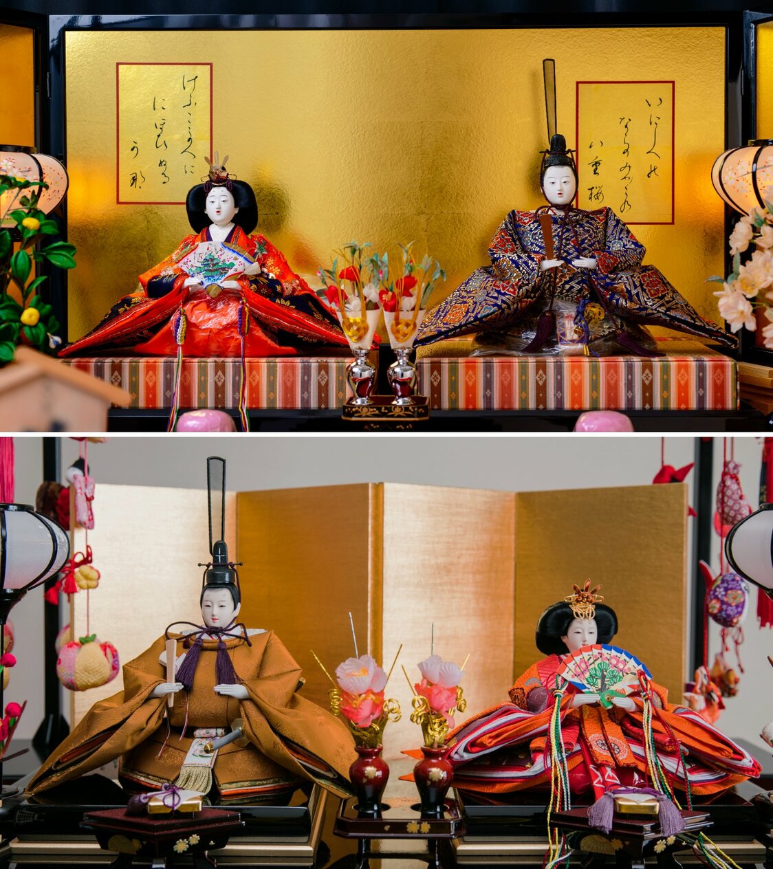 上：古式にのっとった左上位の京びな　下：現代の主流は右上位　PIXTA