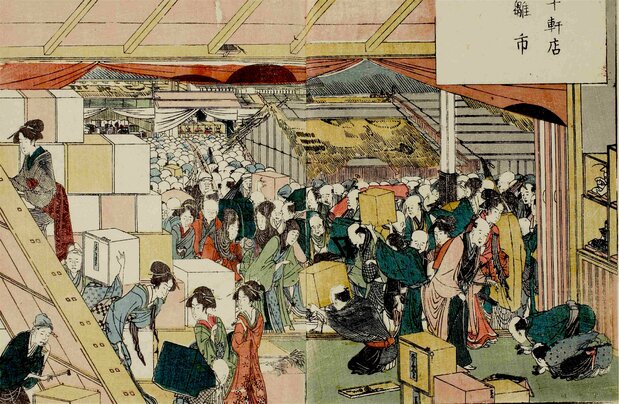 十軒店の雛市の様子。左に積まれた箱に人形が入っている。この店は普段は別の商売をし、雛市の期間だけ人形業者に場所を貸していた。『画本東都遊』東京都立中央図書館特別文庫室所蔵