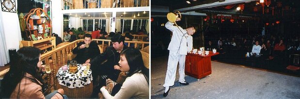 成都茶馆内景（左）茶艺表演（右）