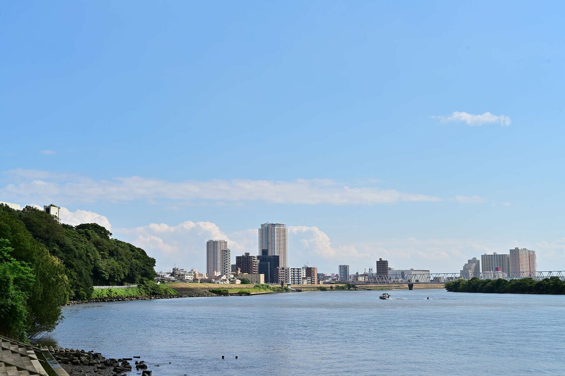 里見公園下の江戸川の岸辺から下流側を望む。こちらの方が名所江戸百景に近い構図となるが、富士山は右側のフレーム外のはるか彼方にある。鉄橋は京成本線のもの