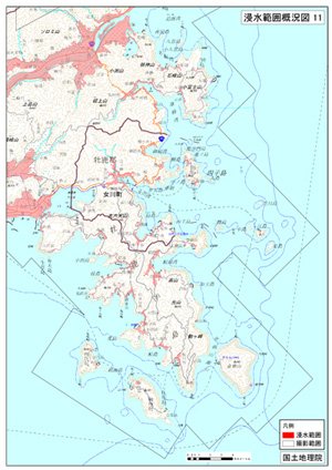 女川町周边的“水灾危险区域地图”。