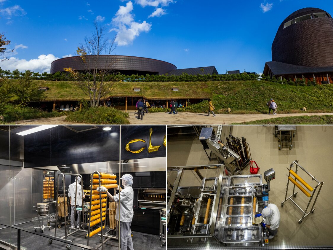 The dedicated Baum Factory (top) produces around 1,000 mini Baumkuchen per day. Visitors can see the entire process, from making the batter through to packaging, through glass windows. (© Nippon.com)