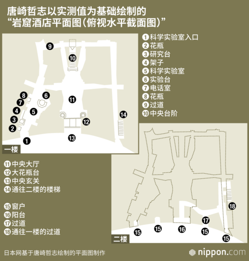 唐崎哲志以实测值为基础绘制的“岩窟酒店平面图(俯视水平截面图)”