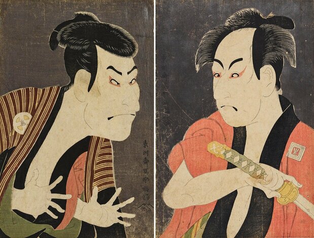 À gauche, « Ôtani Oniji III dans le rôle d’Edobei » (Sandaime Ôtani Oniji no Edobei) et à droite « Ichikawa Omezô dans le rôle du yakko Ippei » (Shodai Ichikawa Omezô no yakko Ippei). Dans la pièce, Edobei attaque Ippei pour le détrousser de l’argent qu’il transporte. Oniji a peut-être posé pour les dessinateurs avant la pièce car d’autres artistes l’ont représenté exactement dans la même posture. (Avec l’aimable autorisation du Musée national de Tokyo/Colbase)