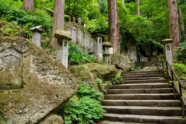 石阶参拜道劈开山林的葱郁,一路蜿蜒向上 图片提供:山形县观光物产协会