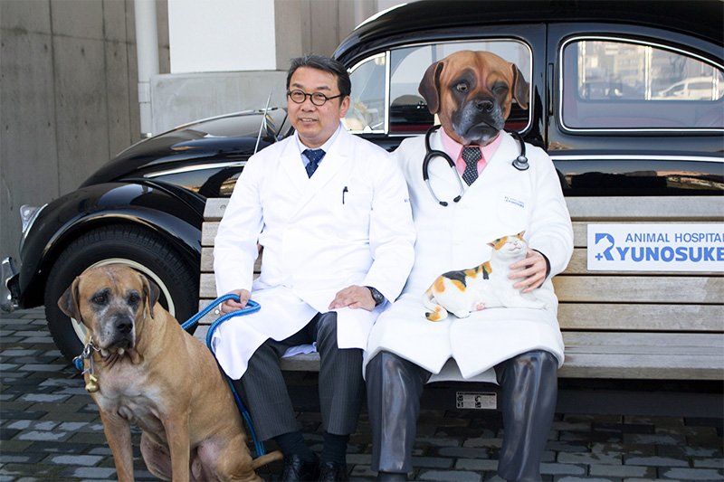 El “perro veterinario” que hay frente a la entrada de la Clínica Veterinaria Ryūnosuke es un buen reclamo para el centro.