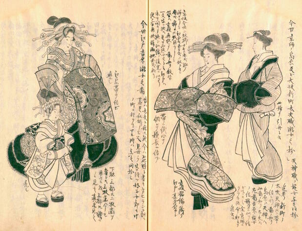 A high-ranking courtesan and attendant in Edo (left) and western Japan (right). From Morisada mankō (Morisada’s Sketches). (Courtesy National Diet Library)