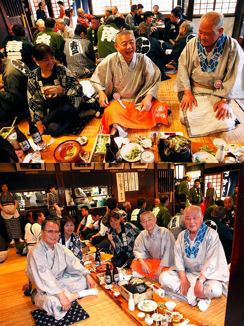 【写真上】本社神輿渡御当日、早朝7:00に駒形どぜうで朝食をとるのは毎年恒例。 【写真下】浅草馬三町会の町会長の斎藤さん、鈴木さん、渡辺さん、佐藤さん、飯沼さん。この後、一之宮渡御の取材にも快く応じてくれた。