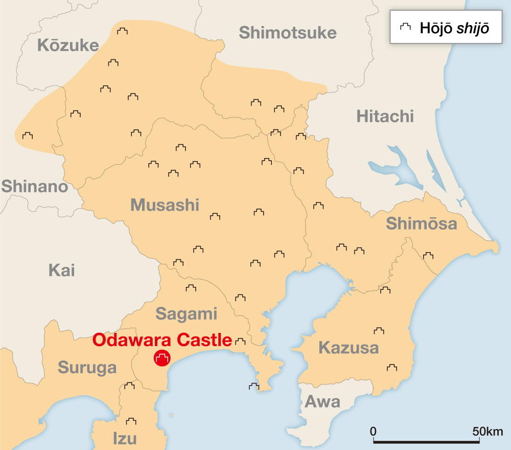 The defense network of shijō built by the Hōjō clan, showing provinces in what is now Kantō. This map, dated around 1585, is when the network was at its largest. The head of the clan at that time was Hōjō Ujimasa.