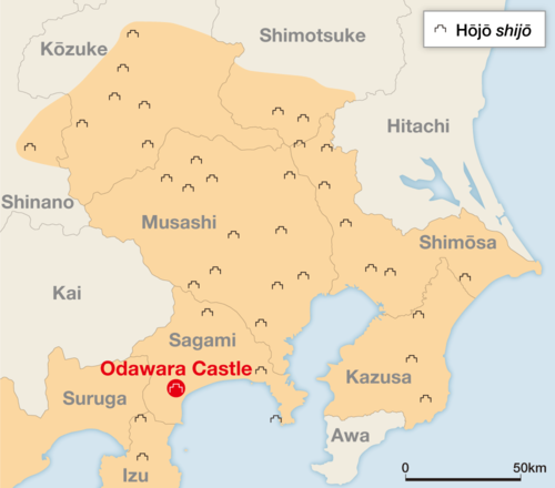 The defense network of shijō built by the Hōjō clan, showing provinces in what is now Kantō. This map, dated around 1585, is when the network was at its largest. The head of the clan at that time was Hōjō Ujimasa.