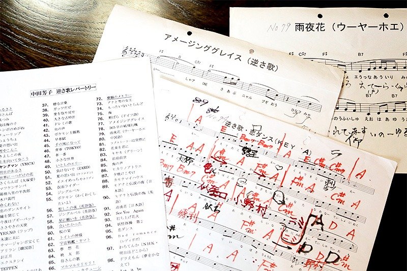 Partituras y listado del repertorio de Nakada, que incluye un centenar de canciones.