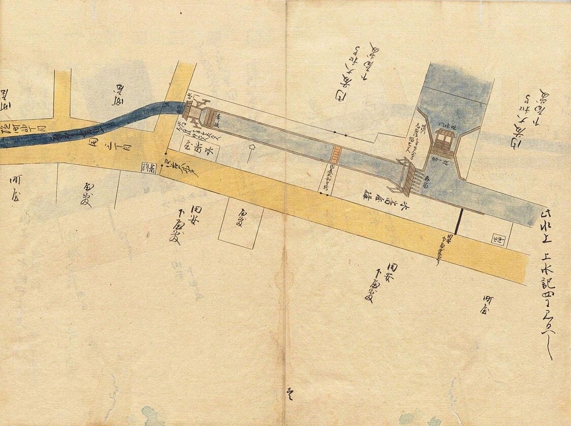 Jōsui-ki (documento sobre el sistema hídrico de Edo) incluye un diagrama del mizuban-ya a vista de pájaro. (Archivo Nacional de Japón)