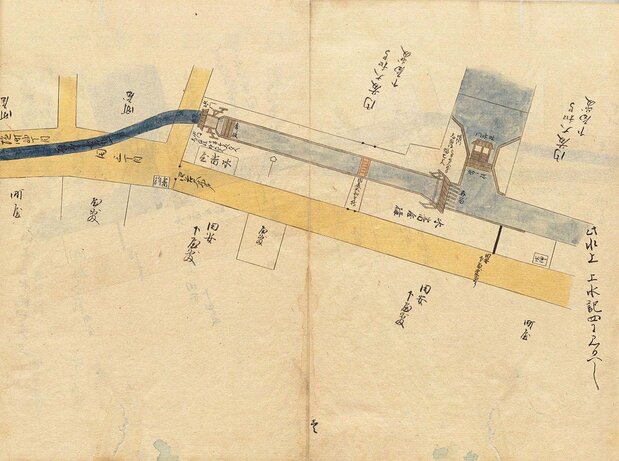 Jōsui-ki (documento sobre el sistema hídrico de Edo) incluye un diagrama del mizuban-ya a vista de pájaro. (Archivo Nacional de Japón)