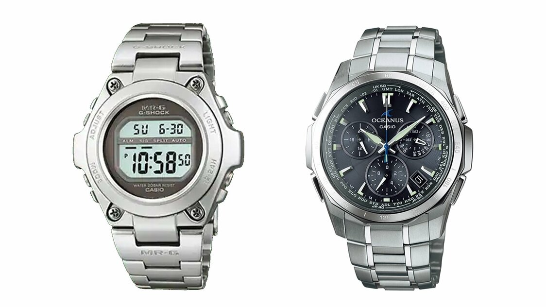 左が1996年発売のMR-G「MRG-100」、右が2007年当時、世界最薄のクロノグラフ電波ソーラーだった「OCW-S1000」　写真提供：カシオ計算機