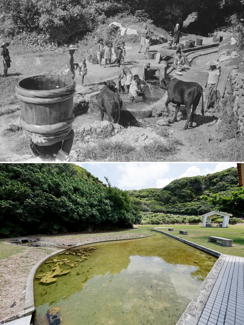 今は公園になった湧水地・ワンジョ。上流から順番に飲用、浴用・洗濯用、家畜用に分けていた。水場が社交場であったこともうかがえる（芳賀日向撮影）