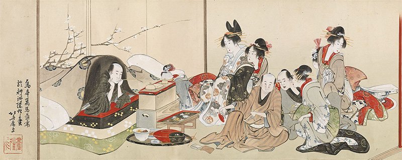 توضح تفاصيل مكان العاهرات بمنطقة يوشيوارا من سوميداغاوا ريوغان كيشيكي زوكان ((Sumidagawa ryōgan keshiki zukan لوحة تجسد مشاهداً على ضفتي نهر سوميدا) من إبداع كاتسوشيكا هوكوساي. من مجموعة متحف هوكوساي في سوميدا.
