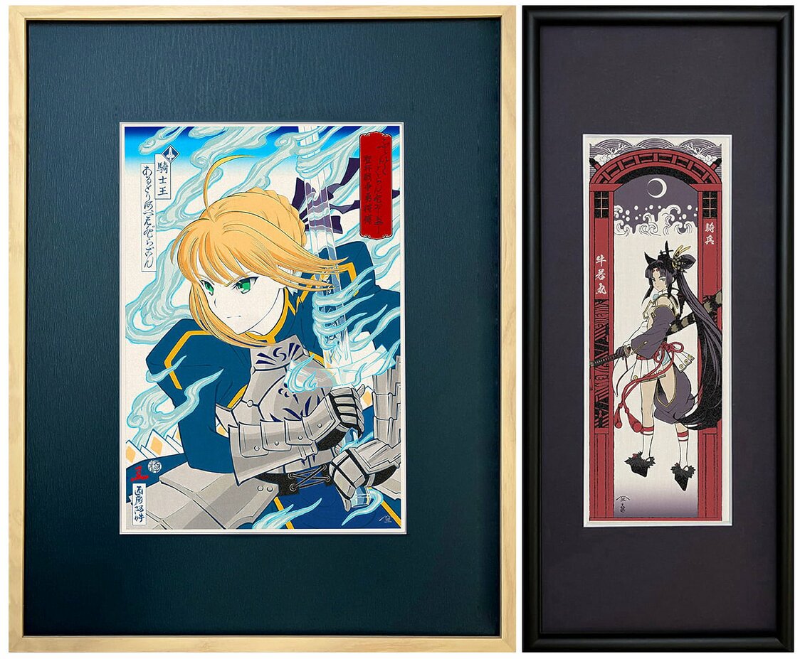 Fate/Grand Order 浮世絵木版画「ふぇいとぐらんどおーだー 聖杯戦争勇将傳」（左）「見返り英霊図 騎兵 ライダー/牛若丸」（右） TYPE-MOON監修（版三提供）　©TYPE-MOON / FGO PROJECT