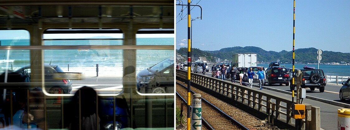 （左）江ノ電はガラガラ、（右）国道134号線はいつもと変わらず混んでいる＝4月19日、筆者撮影