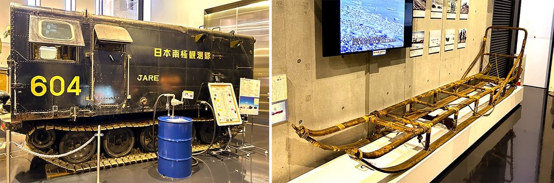 南極・北極科学館は2010年に開館。オーロラシアターや南極の氷や隕石などの実物展示を通して、極地について楽しく学べる （左）1968～69年に昭和基地から南極点までの往復5200kmを走破した雪上車（右）雪上車が活躍する前は犬ぞりが使用されていた　写真＝天野久樹