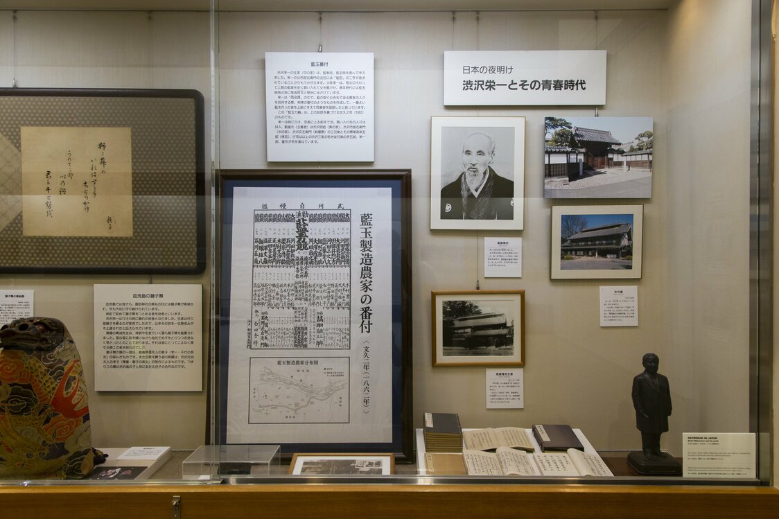 中央左下が「武州自慢鑑　藍玉力競」。中央右の写真が、渋沢に論語を教えた尾高惇忠
