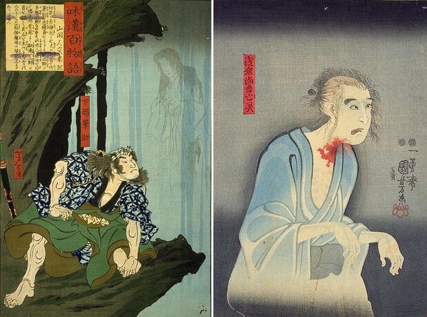 江户时代后期,歌舞伎中有幽灵登场的故事开始流行,浮世绘也画了很多以歌舞伎为主题的幽灵画。(左)月冈芳年《和汉百物语 下部笔助》/(右)歌川国芳的《浅仓当吾亡灵之图》(图片:国立国会图书馆数字馆藏)