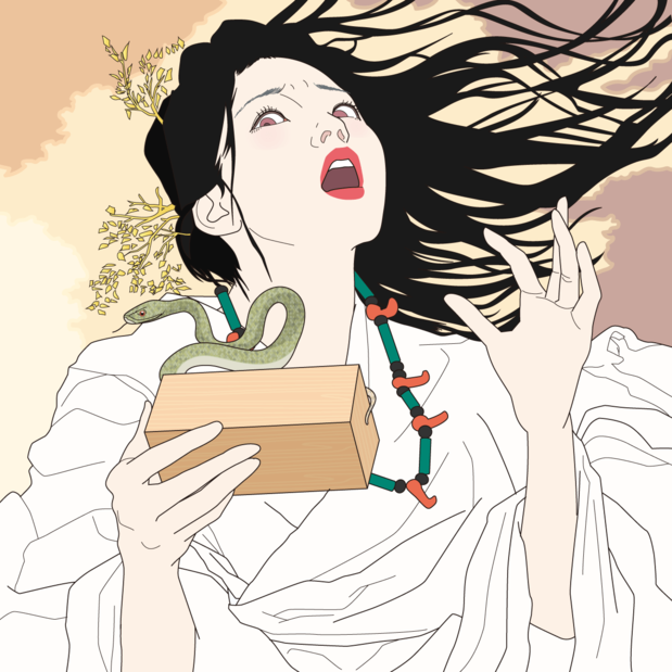 Yamato Totobi Momoso cries out in surprise at finding a snake in her comb box. (© Satō Tadashi)