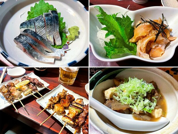 居酒屋鳥八所提供傳統居酒屋美味料理,其中醃漬鯖魚、醃漬生雞肉、雞肉串組合與燉煮豬內臟等相當受到顧客歡迎。(筆者攝影)