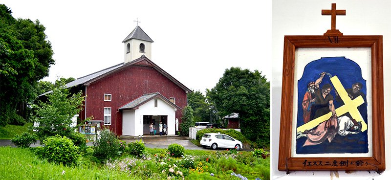 Iglesia de Kigatsu y una de las imágenes de las Estaciones de la Cruz dibujadas por el doctor Nagai Takashi.