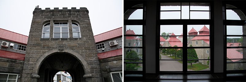 Nikka・余市蒸馏厂正门（左） 从正门2层看到的生产车间楼群（右）